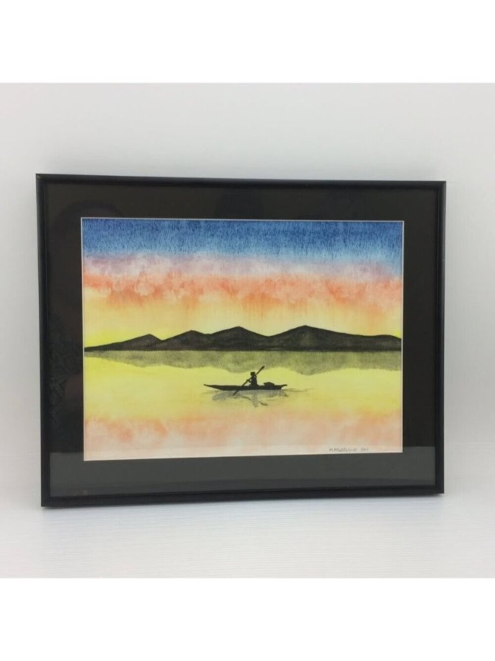 Original Framed Inuit Watercolor Painting - Kayak Landscape by M. Pewatualuk